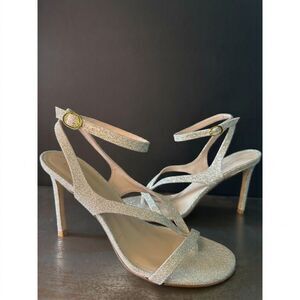 Stuart Weitzman Stiletto Sandal 9 Strappy Glam Wedding Glitter Gold Align 95